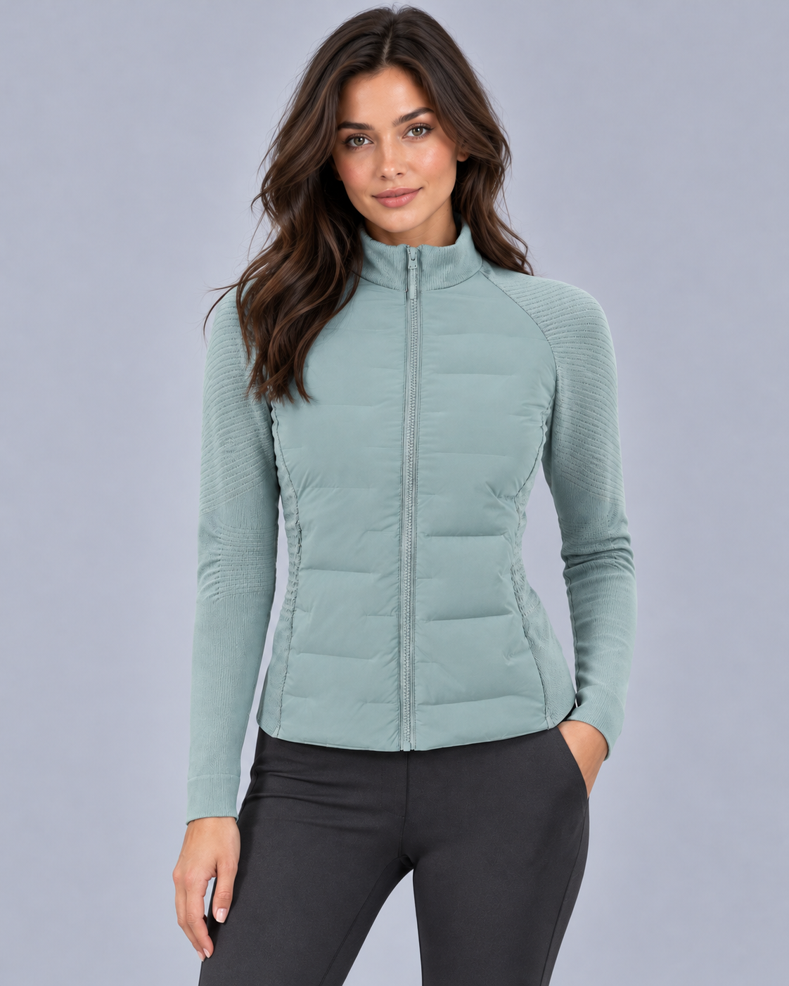 Women's Hybrid Down Jacket – Knit Sleeves, Stand Collar, Full Zip, Fitted Hip Length