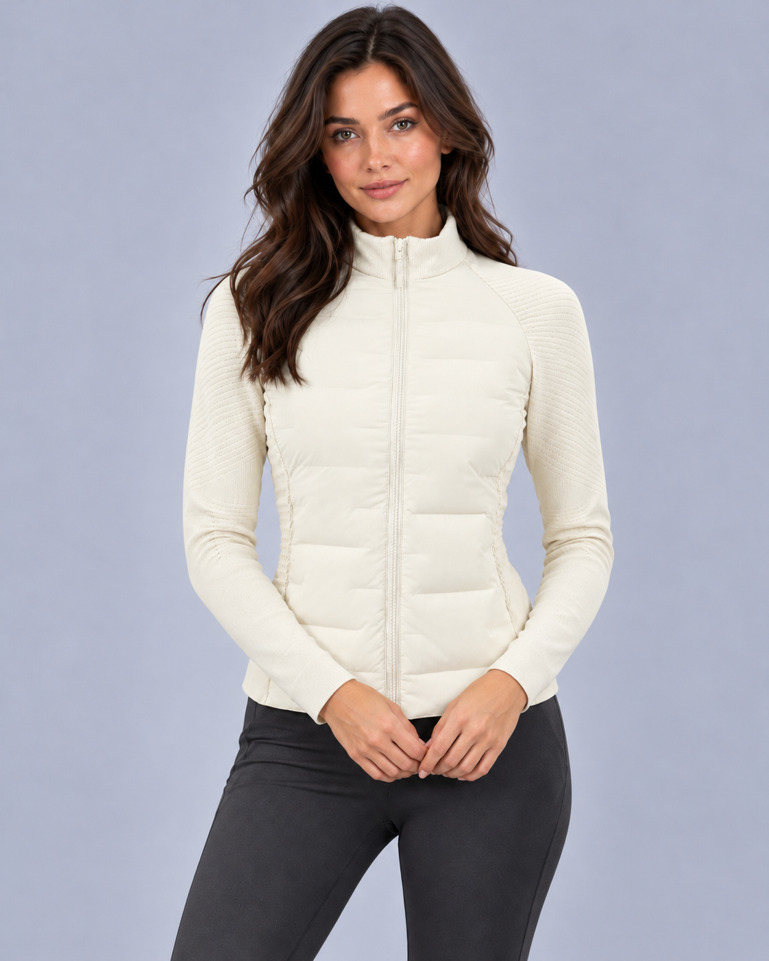 Women's Hybrid Down Jacket – Knit Sleeves, Stand Collar, Full Zip, Fitted Hip Length