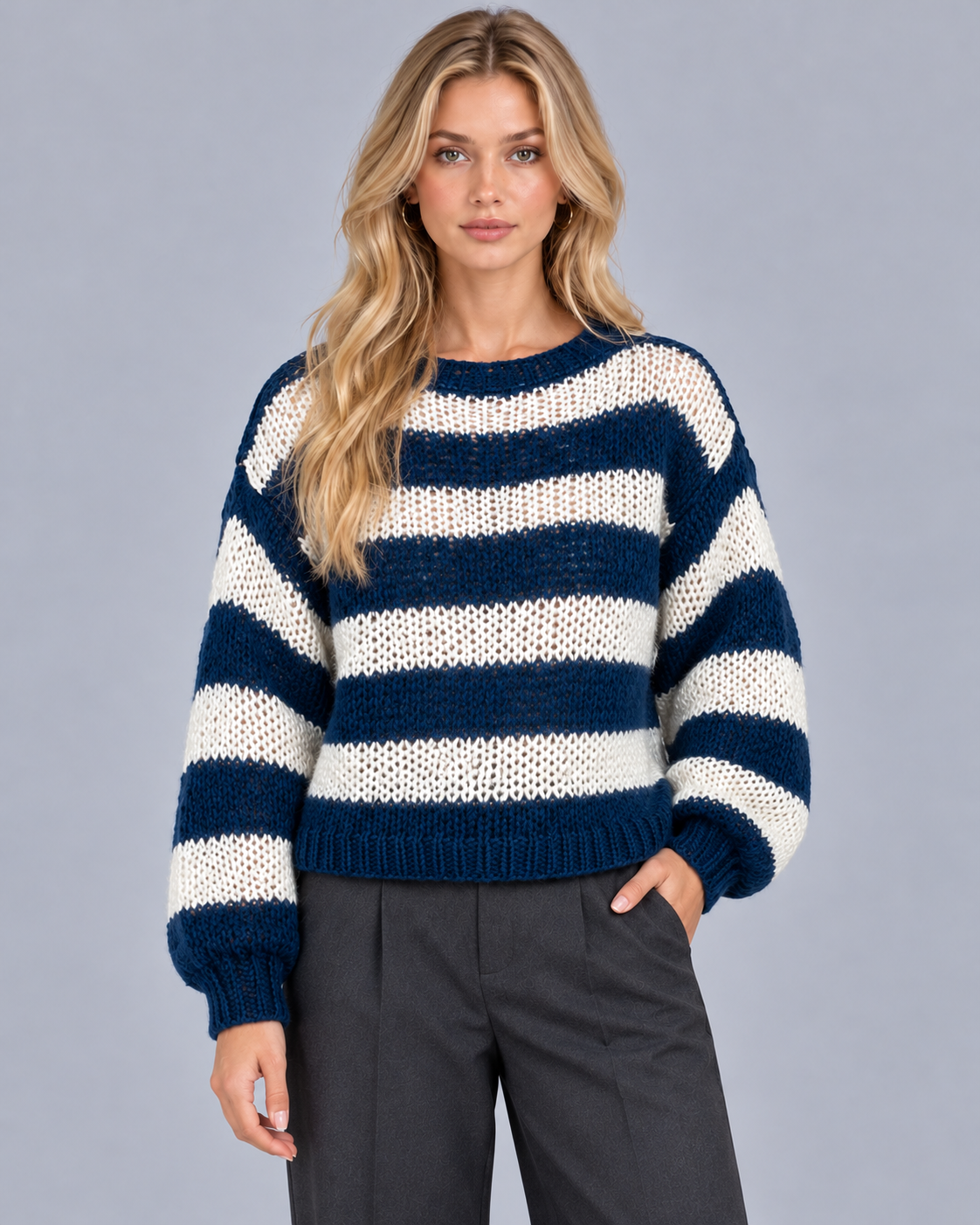 Women's Striped Jumper – Open Knit, Round Neck, Gathered Ribbed Cuffs, Relaxed Fit