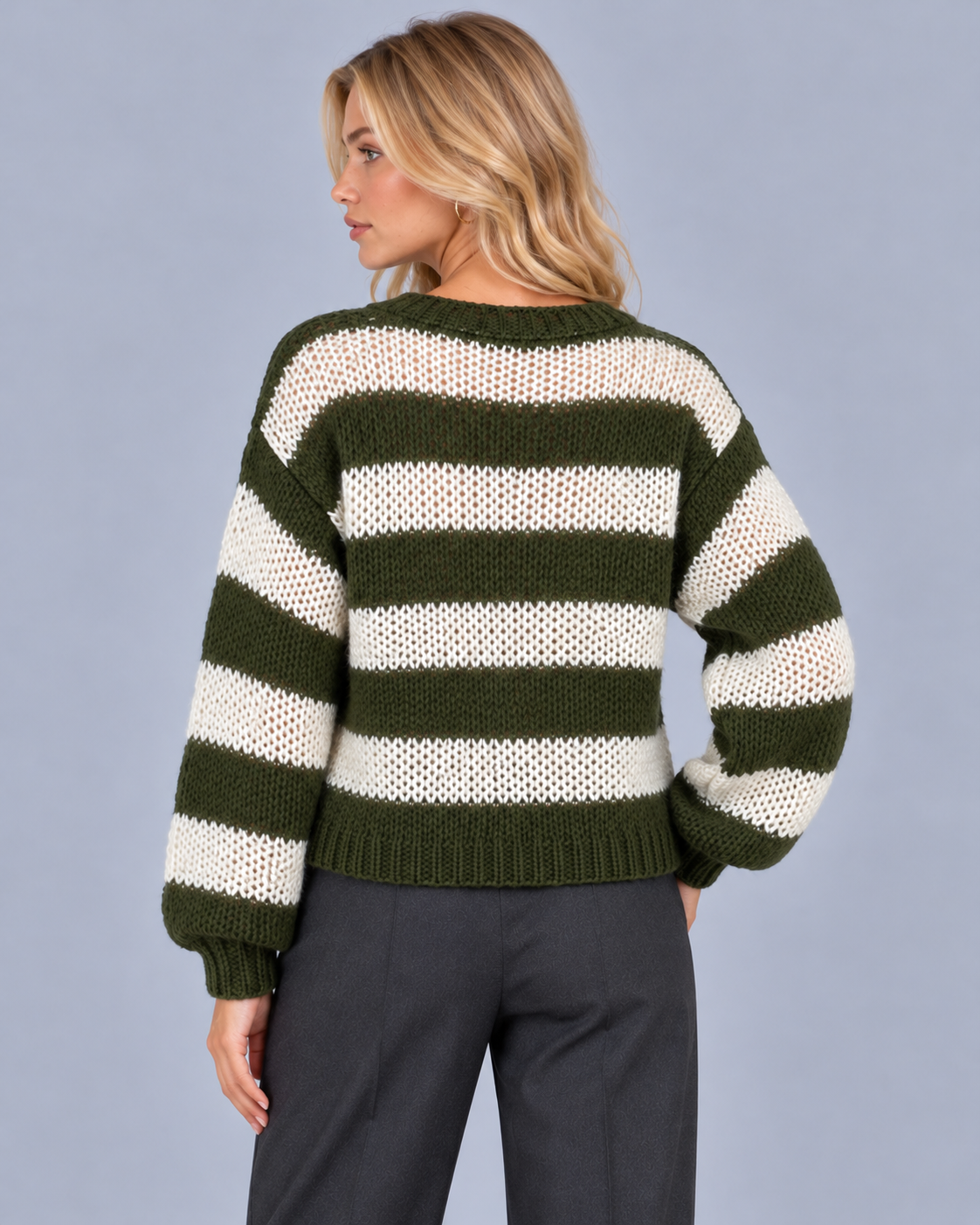 Women's Striped Jumper – Open Knit, Round Neck, Gathered Ribbed Cuffs, Relaxed Fit