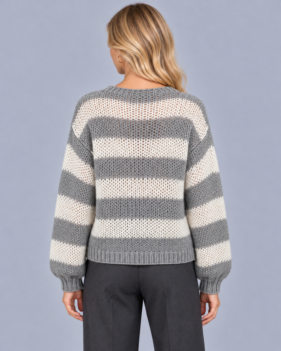 Women's Striped Jumper – Open Knit, Round Neck, Gathered Ribbed Cuffs, Relaxed Fit