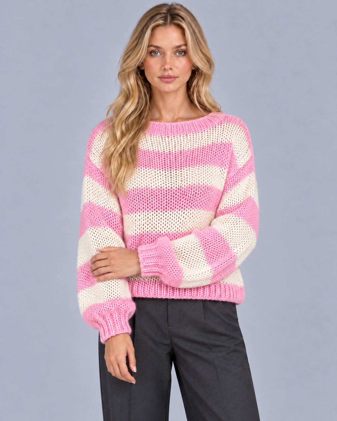 Women's Striped Jumper – Open Knit, Round Neck, Gathered Ribbed Cuffs, Relaxed Fit
