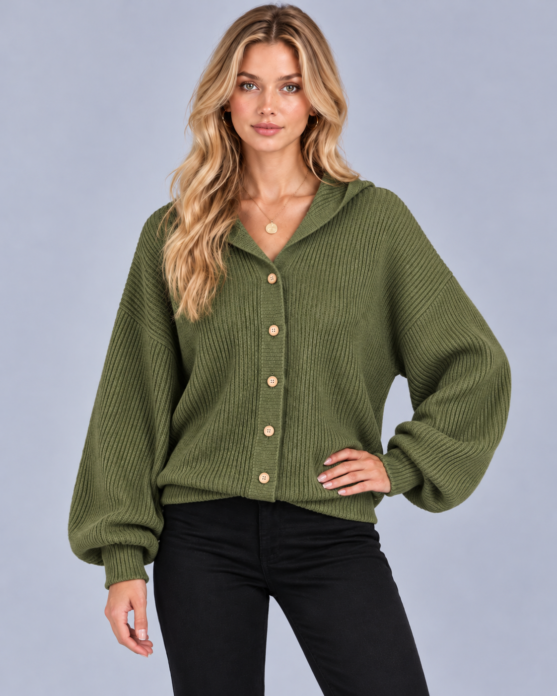 Women's Hooded Cardigan in Cotton-Blend Ribbed Knit – Button Front, Balloon Sleeves