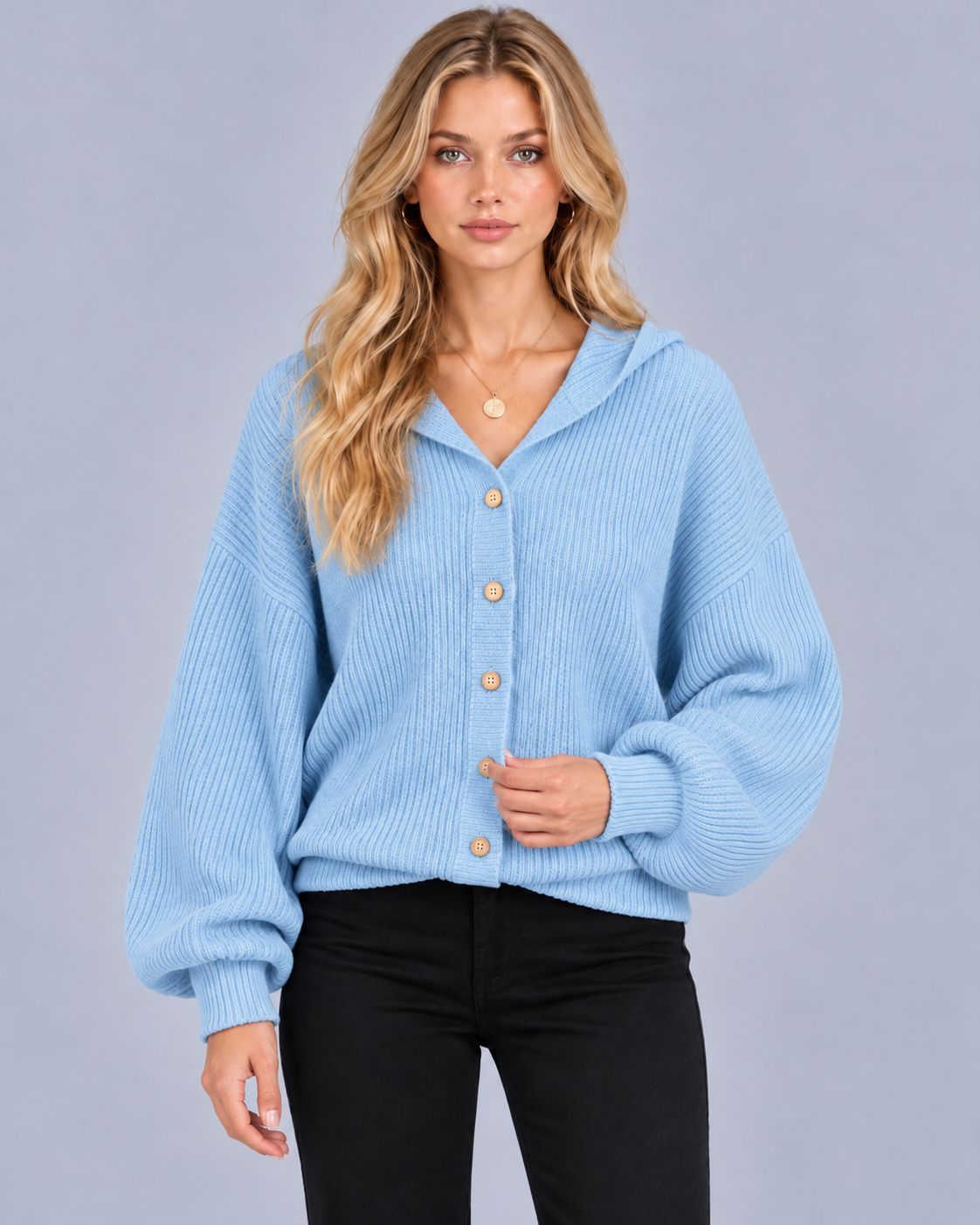 Women's Hooded Cardigan in Cotton-Blend Ribbed Knit – Button Front, Balloon Sleeves