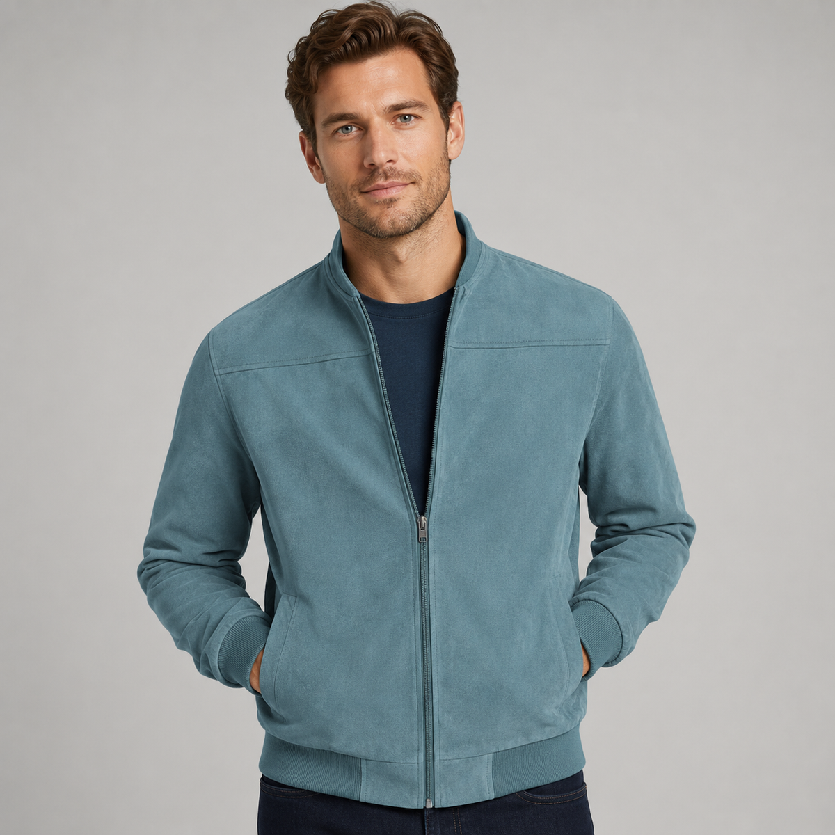 Men's Suede Look Bomber Jacket – Lightweight, Tailored Fit