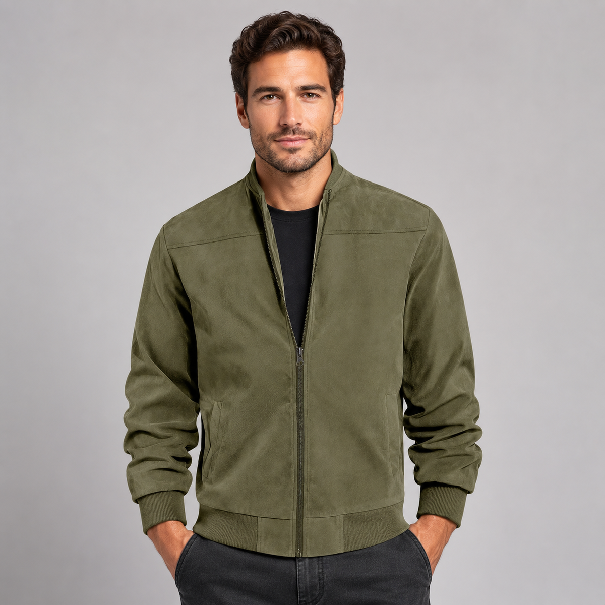 Men's Suede Look Bomber Jacket – Lightweight, Tailored Fit