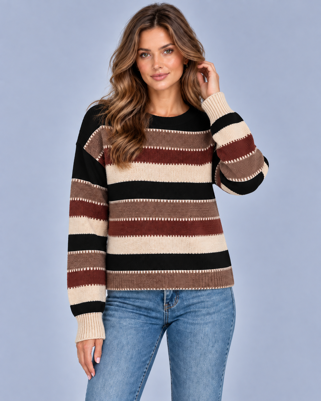 Women's Vintage Striped Crew Neck Jumper | Long Sleeve Knitted Pullover with Loose Fit