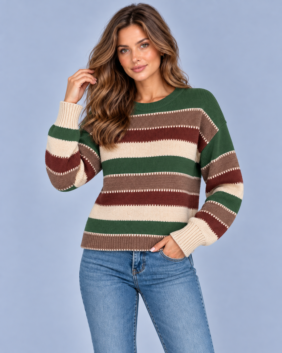 Women's Vintage Striped Crew Neck Jumper | Long Sleeve Knitted Pullover with Loose Fit