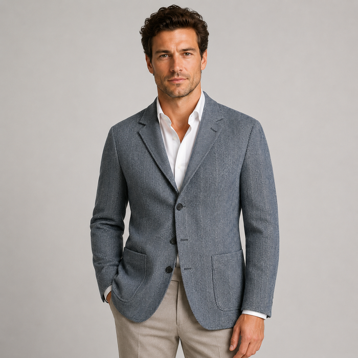 Men's Herringbone Blazer – Patch Pockets, Tailored Fit