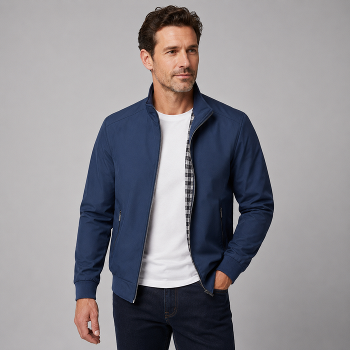 Men's Slim Fit Bomber Jacket – Stand Collar, Checked Lining