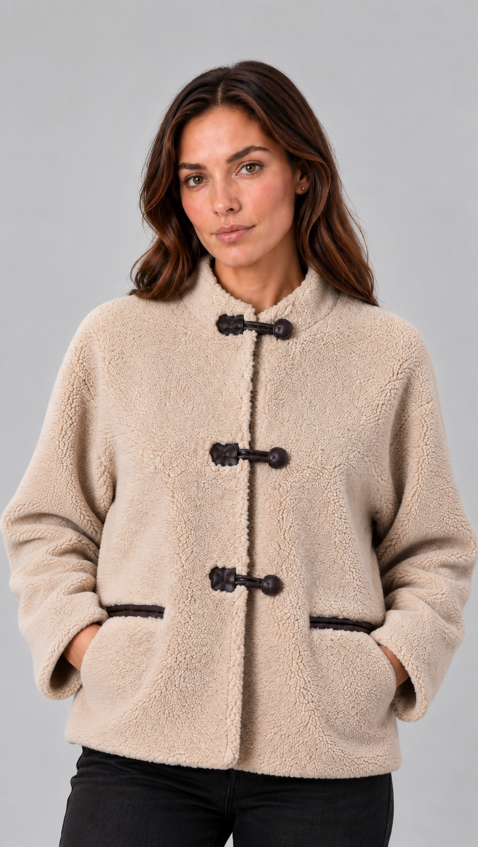 Women's Faux Fur Toggle Jacket – Oversized Fit, Contrast Trim