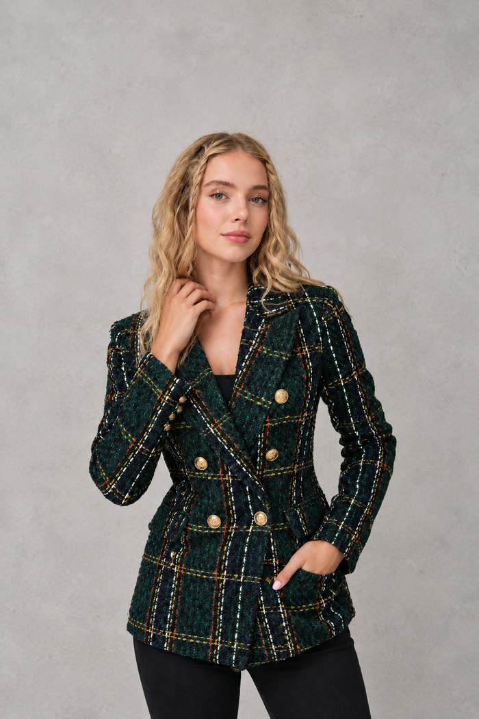 Women's Tweed Double Breasted Blazer – Check, Tailored Fit