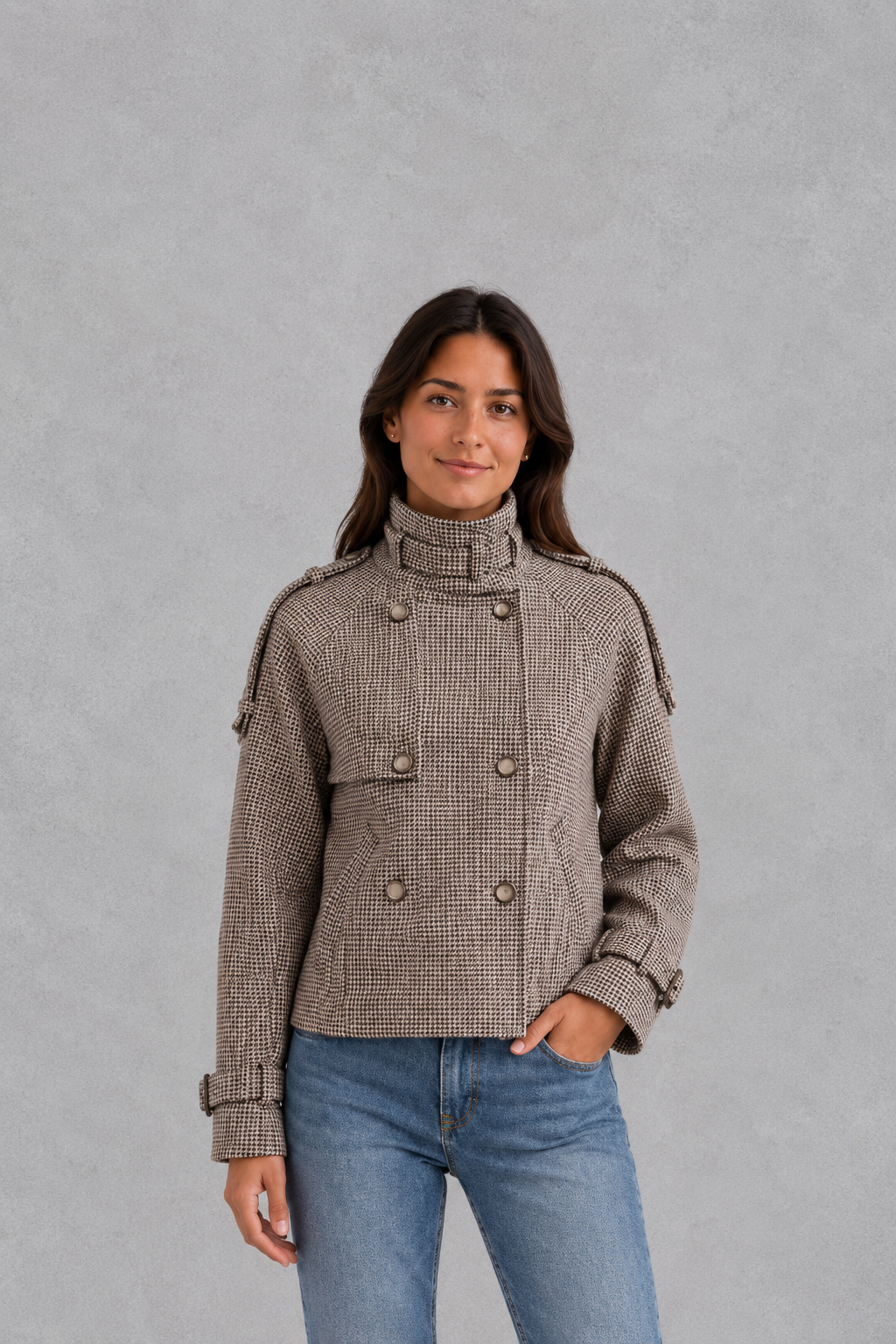 Women's Houndstooth Coat – High Neck, Button Front