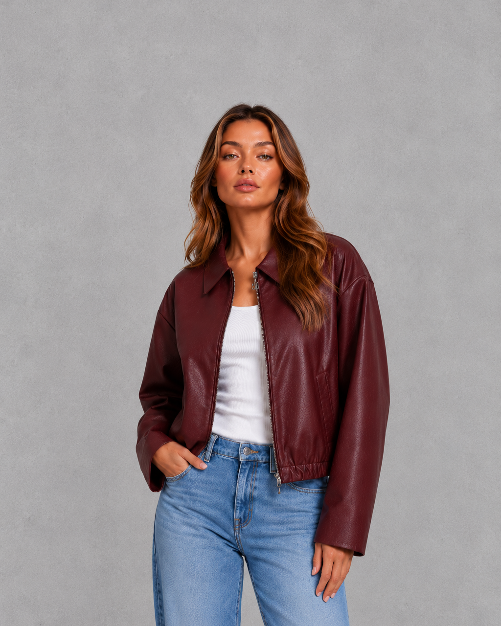 Women's Cropped Faux Leather Biker Jacket – Elasticated Hem, Oversized Collar