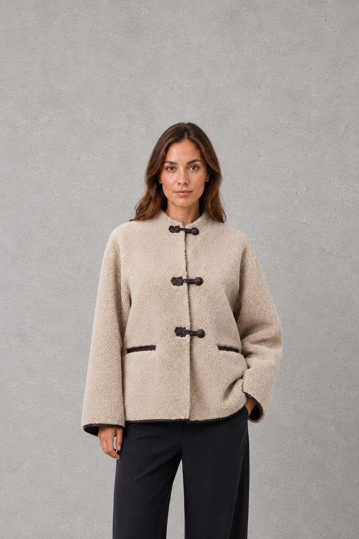 Women's Faux Fur Toggle Jacket – Oversized Fit, Contrast Trim