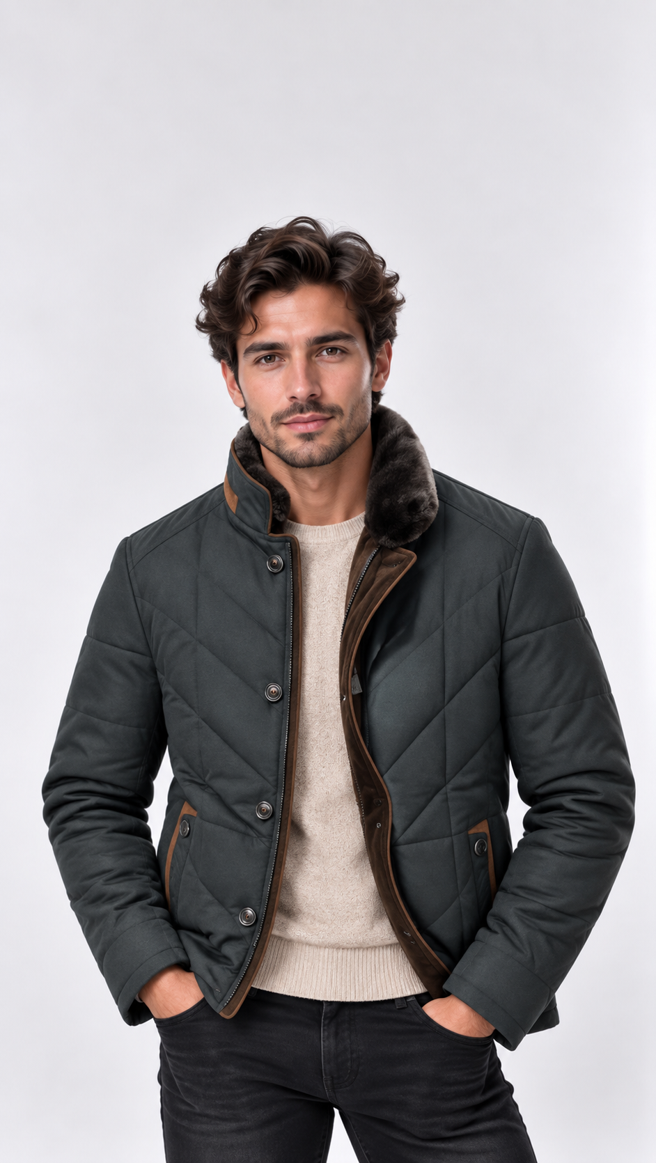 Men's Padded Quilted Jacket – Stand Collar, Slim Tailored Fit