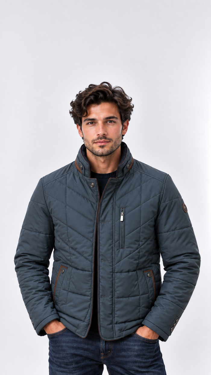 Men's Padded Quilted Jacket – Stand Collar, Slim Tailored Fit