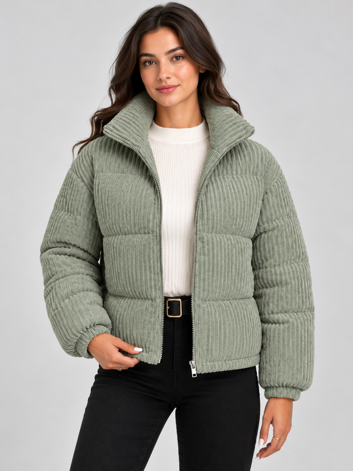 Women's Corduroy Puffer Jacket – Funnel Neck, Quilted