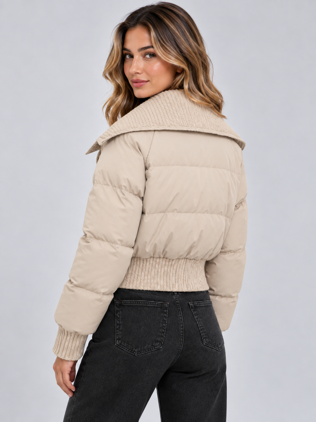 Women's Cropped Puffer Jacket – Ribbed Knit Collar