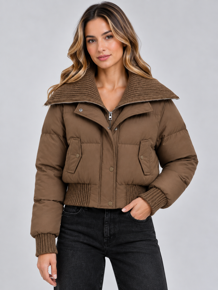 Women's Cropped Puffer Jacket – Ribbed Knit Collar