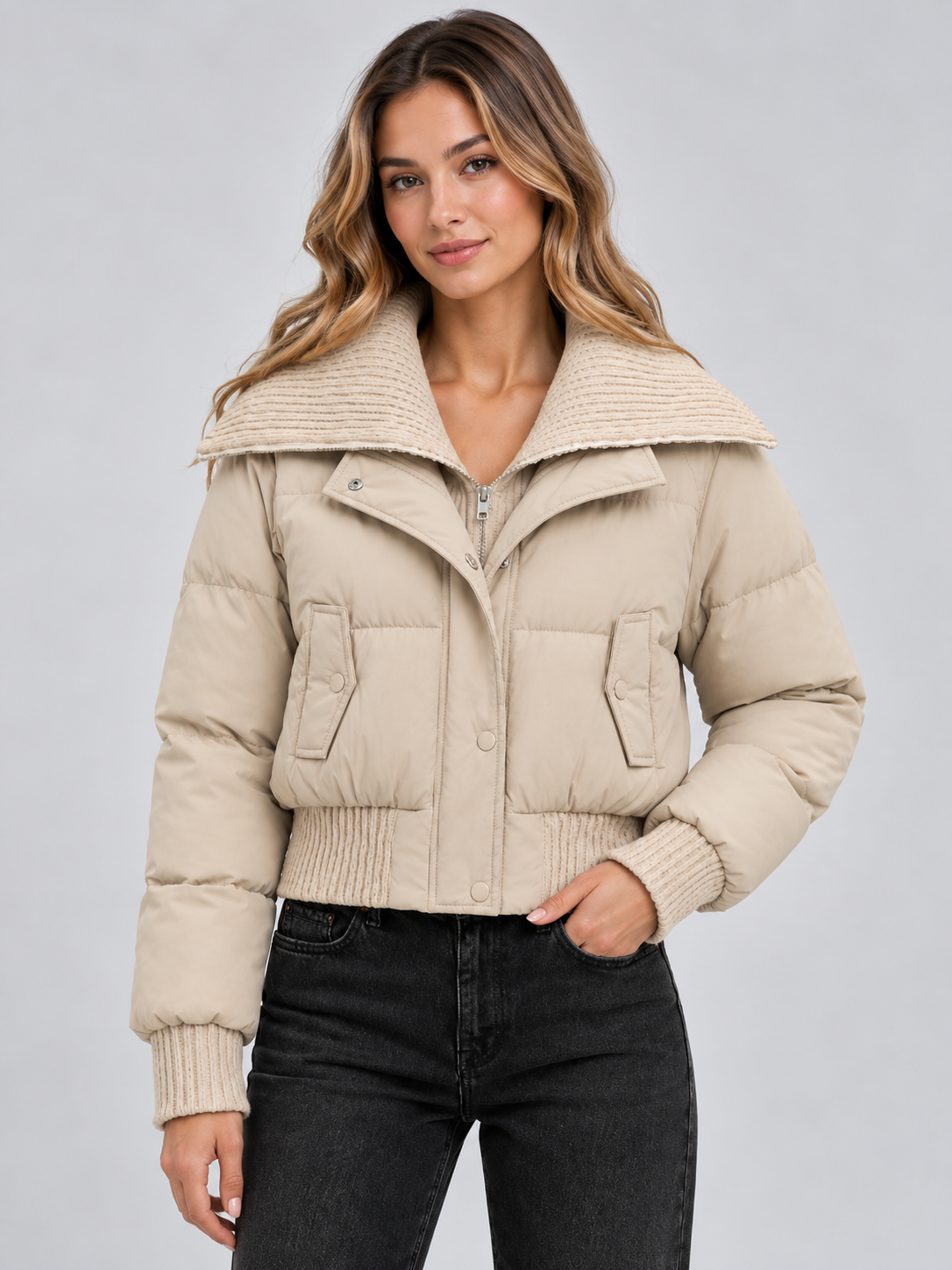 Women's Cropped Puffer Jacket – Ribbed Knit Collar