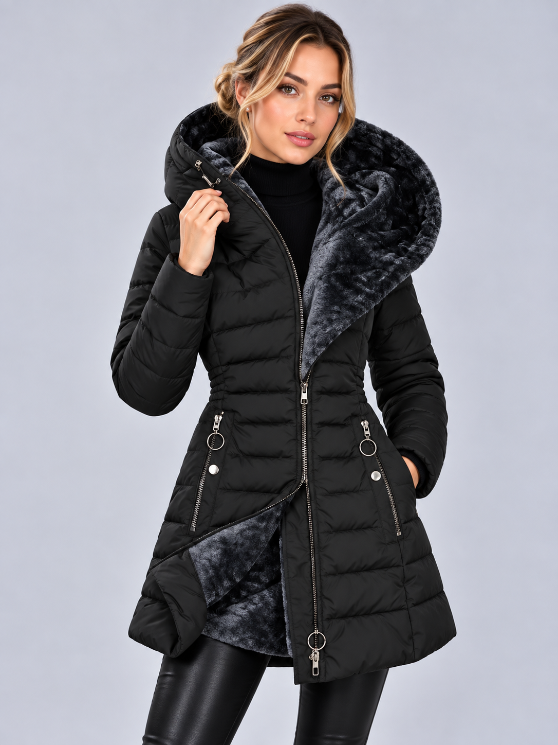 Women's Longline Puffer Jacket – Hooded, Tailored Fit