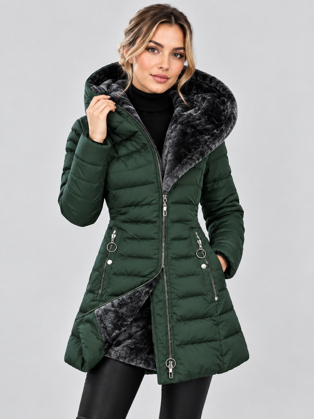 Women's Longline Puffer Jacket – Hooded, Tailored Fit