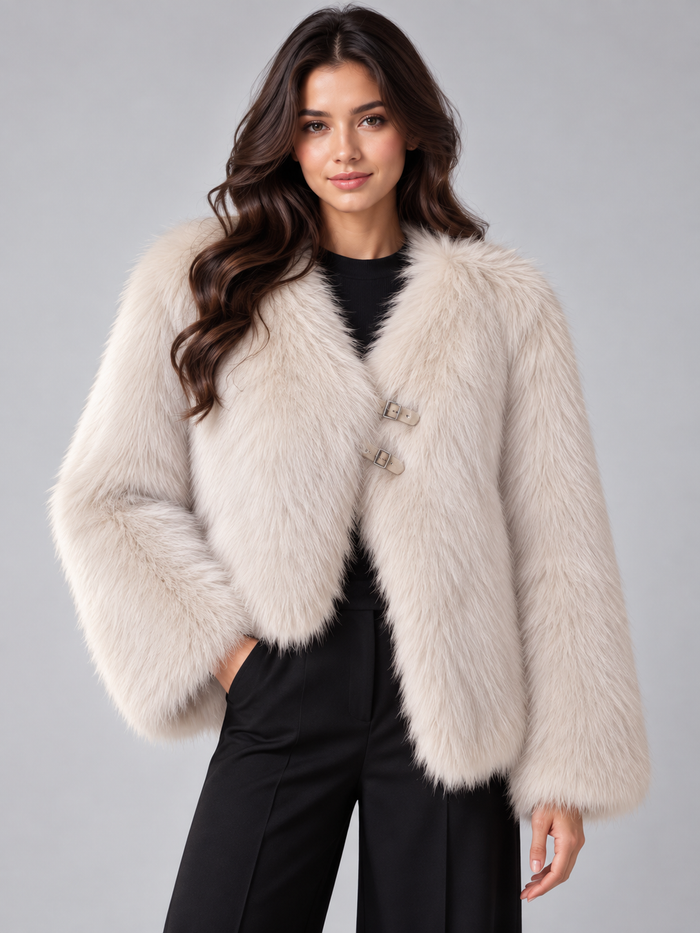 Women's Faux Fur Jacket – Open Front, Buckle Detail