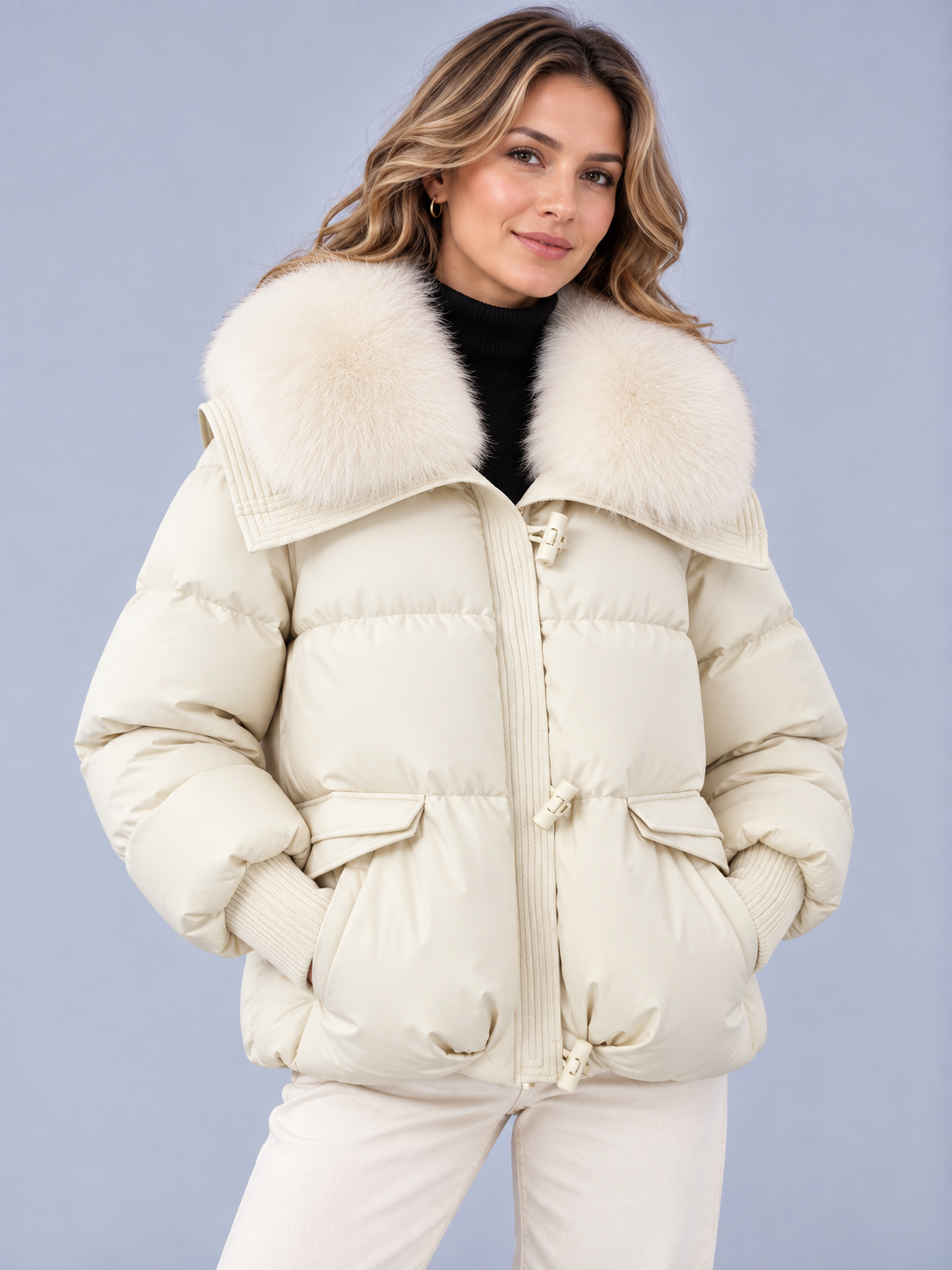 Women's Faux Fur Collar Jacket – Relaxed Fit, Ribbed Cuffs