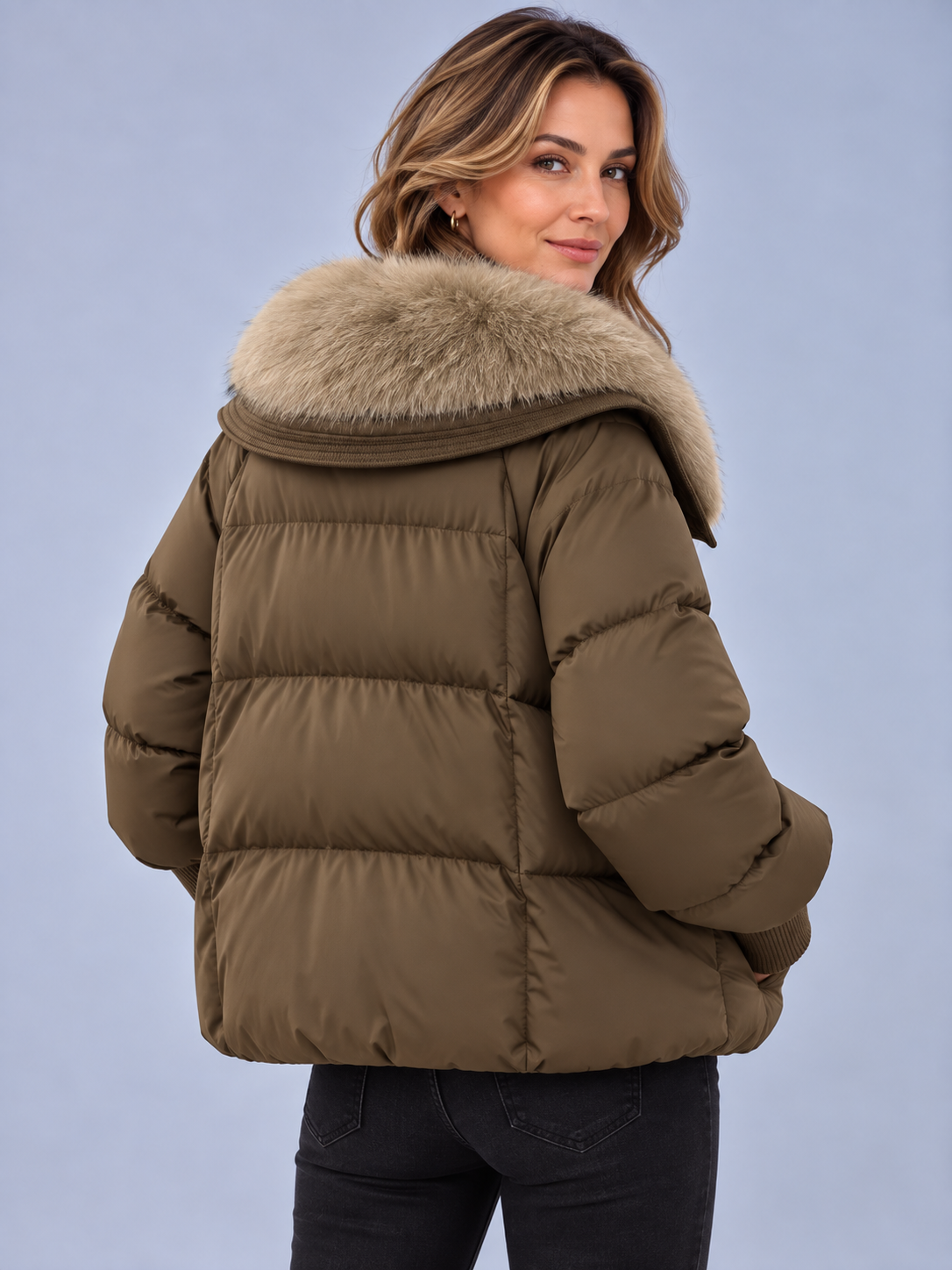 Women's Faux Fur Collar Jacket – Relaxed Fit, Ribbed Cuffs
