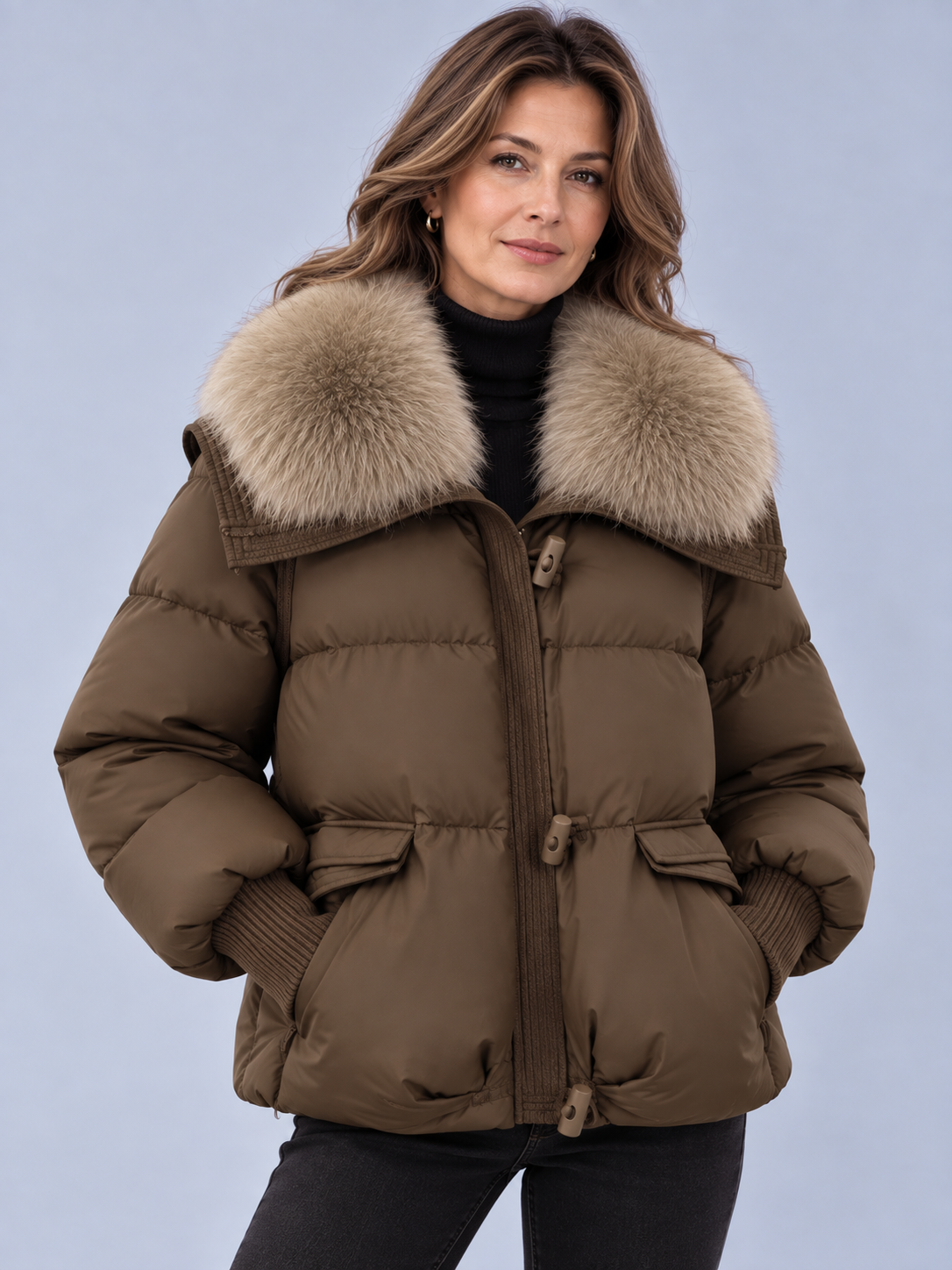 Women's Faux Fur Collar Jacket – Relaxed Fit, Ribbed Cuffs
