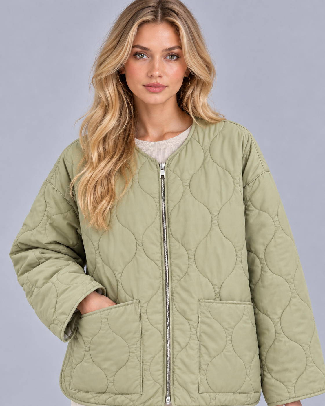 Women's Collarless Quilted Jacket – Lightly Padded, Wave Quilting, Full Zip, Relaxed Fit