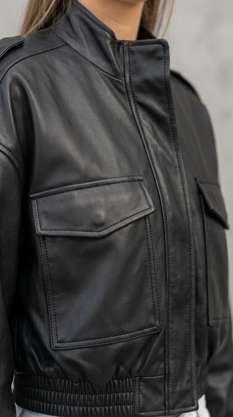 Women's Cropped Faux Leather Bomber Jacket – Front Pockets