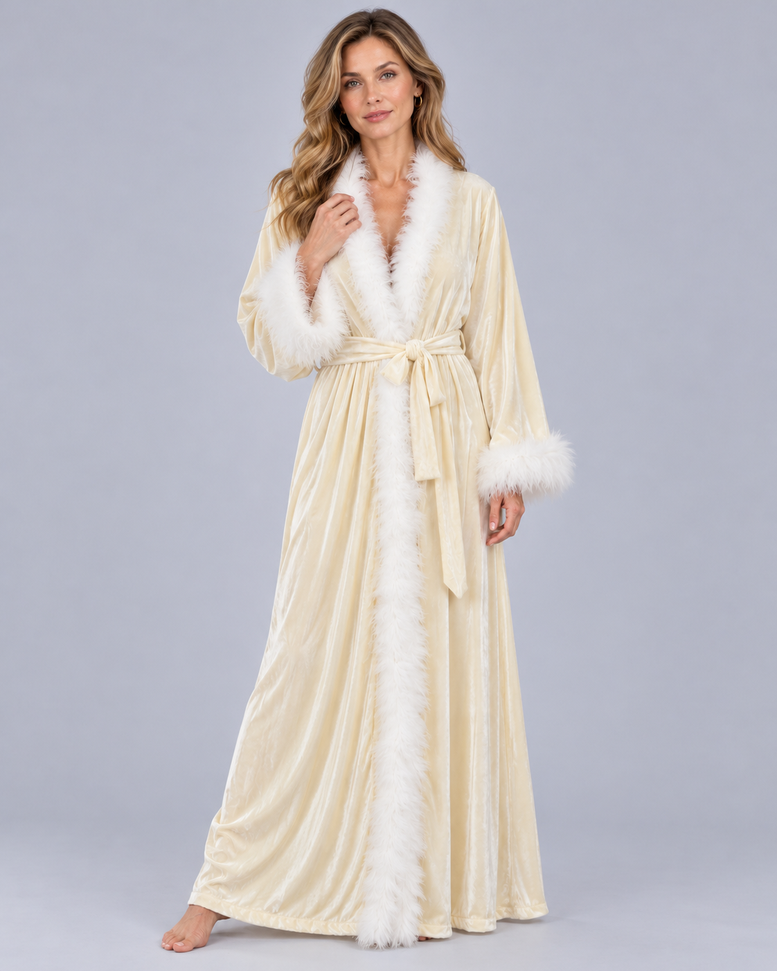 Women's Velvet Dressing Gown with Feather-Style Trim
