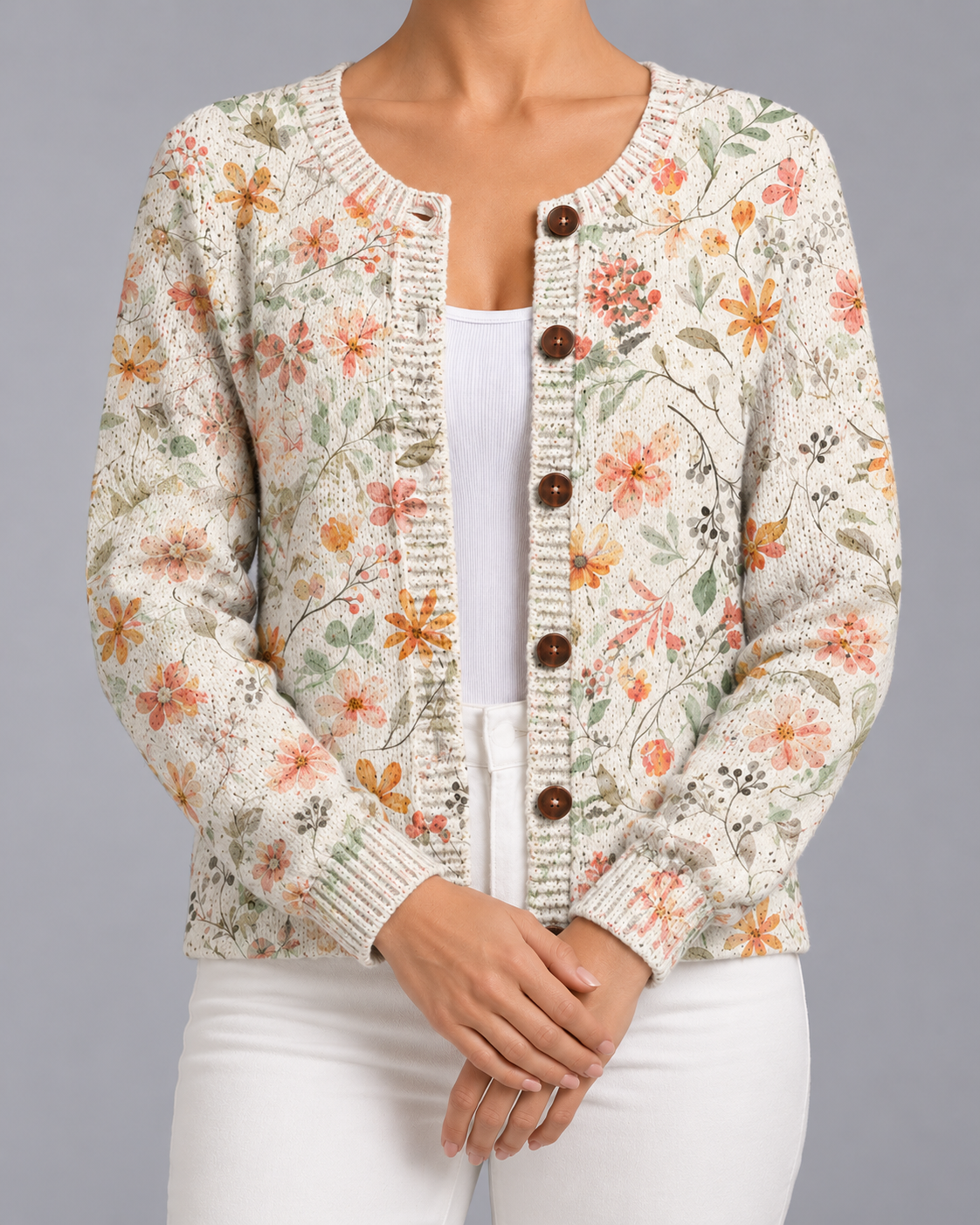 Women's Floral Knit Cardigan – Button Front, Relaxed Fit