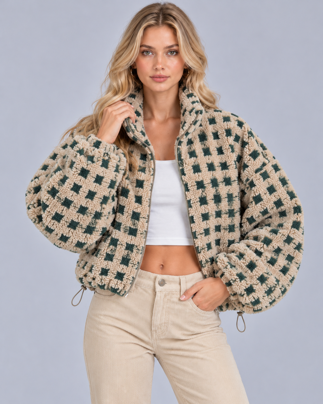 Women's Sherpa Fleece Jacket with Check Pattern
