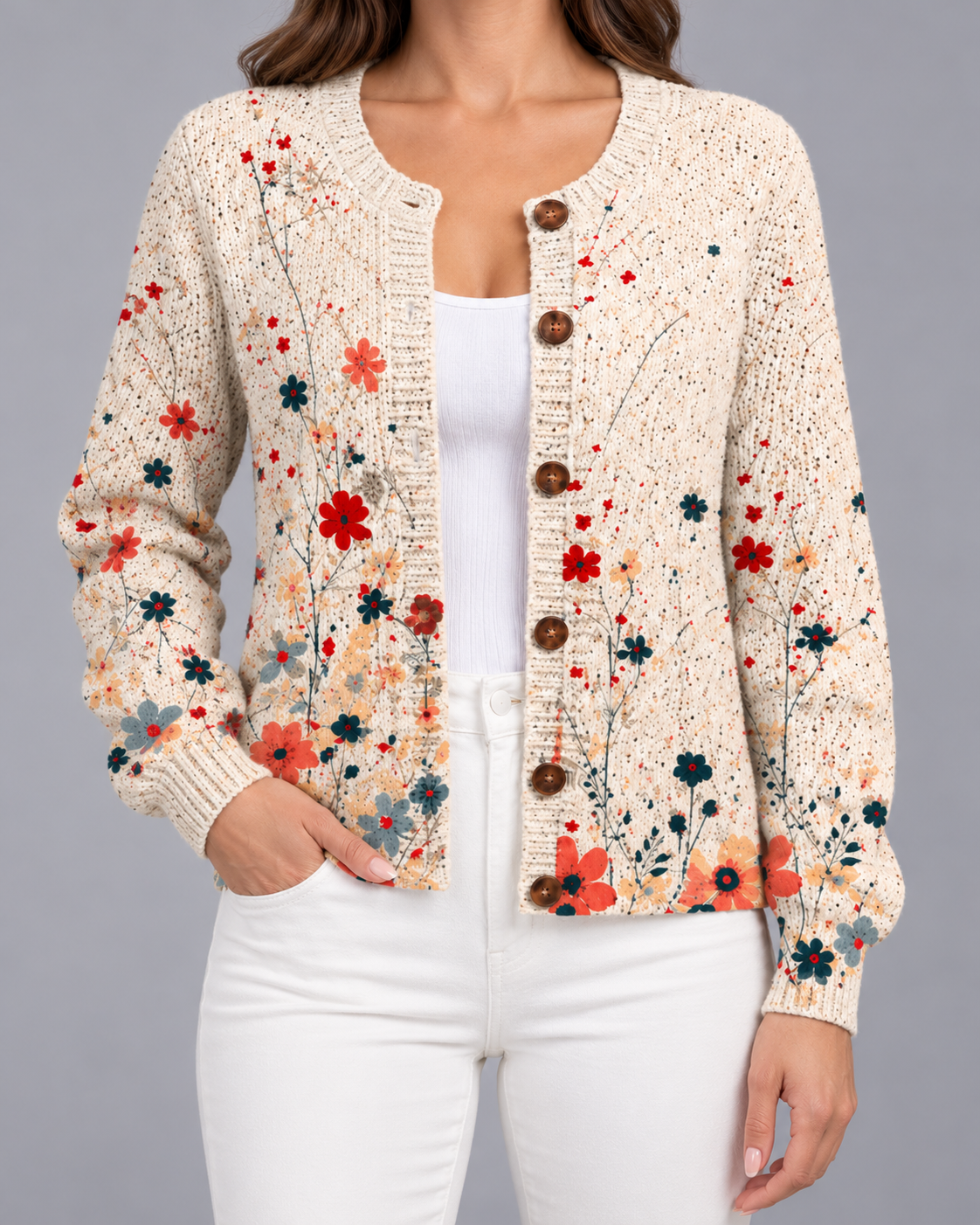 Women's Floral Knit Cardigan – Button Front, Relaxed Fit
