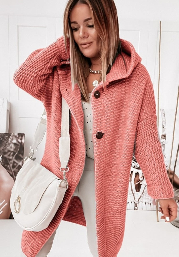 Women's Hooded Longline Cardigan – Button Front Knit