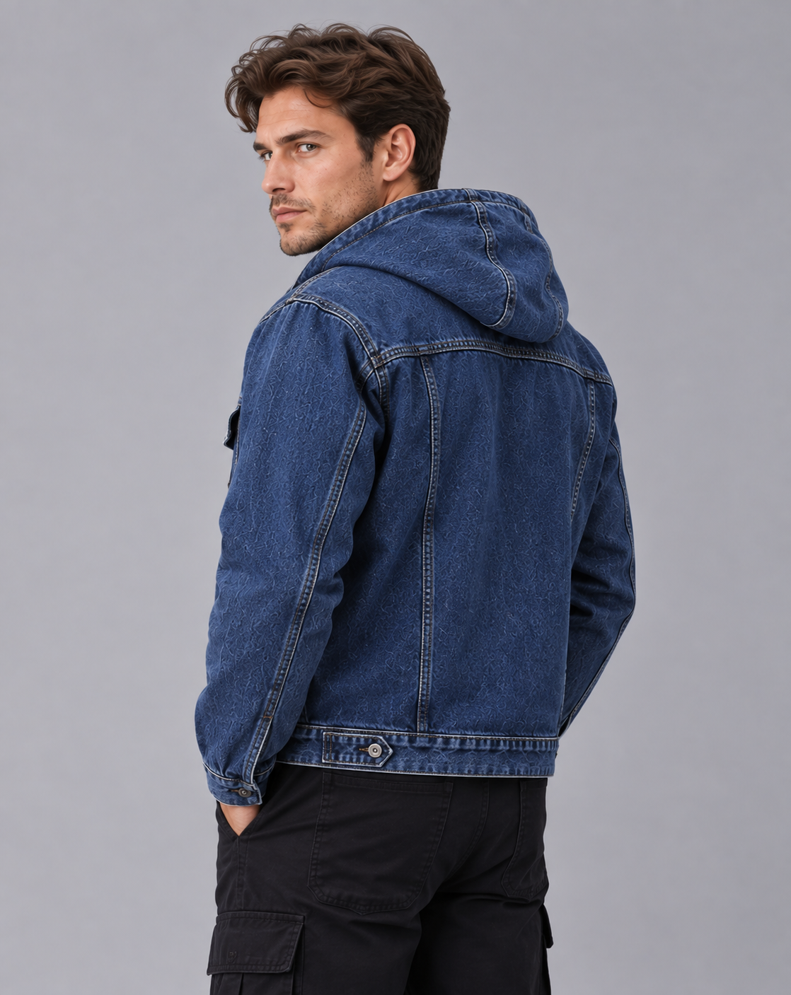 Men's Hooded Denim Jacket – Button Front, Drawstring Hood, Flap Chest Pockets