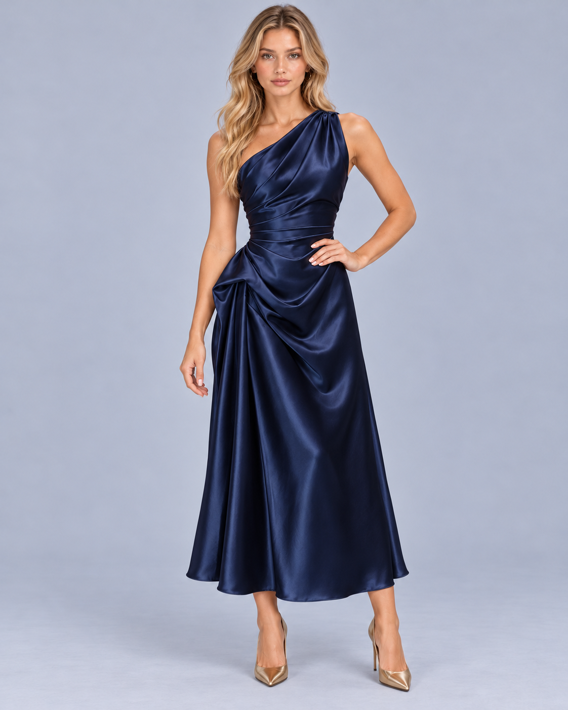 Women's One Shoulder Draped Midi Dress