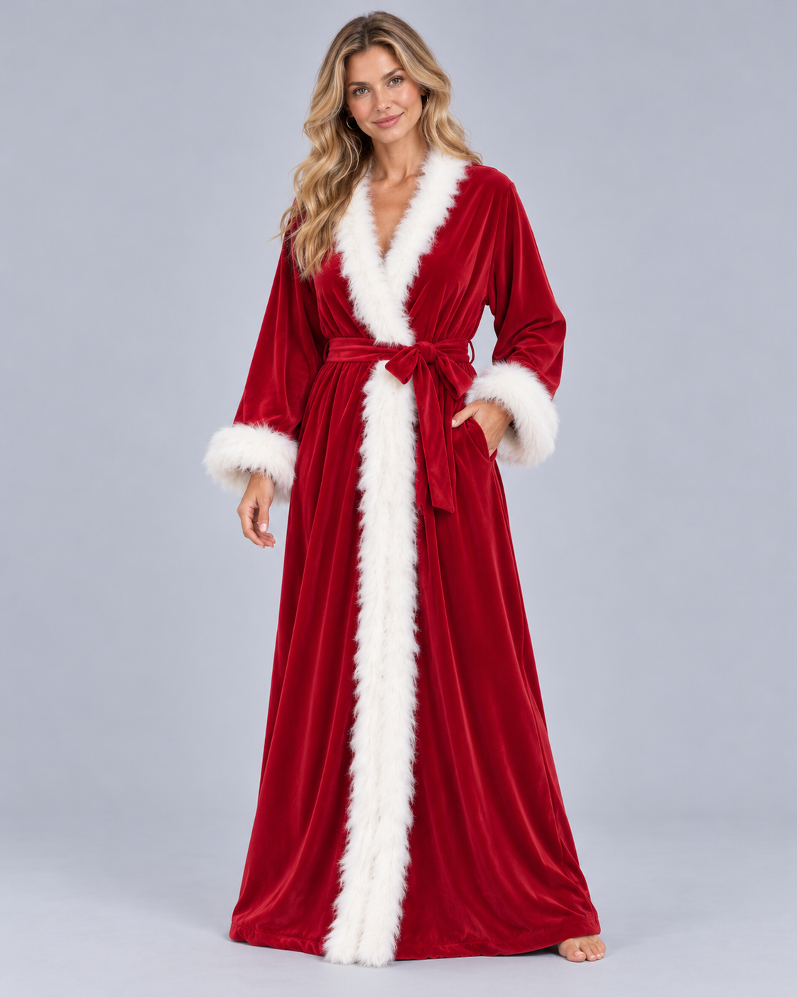 Women's Velvet Dressing Gown with Feather-Style Trim