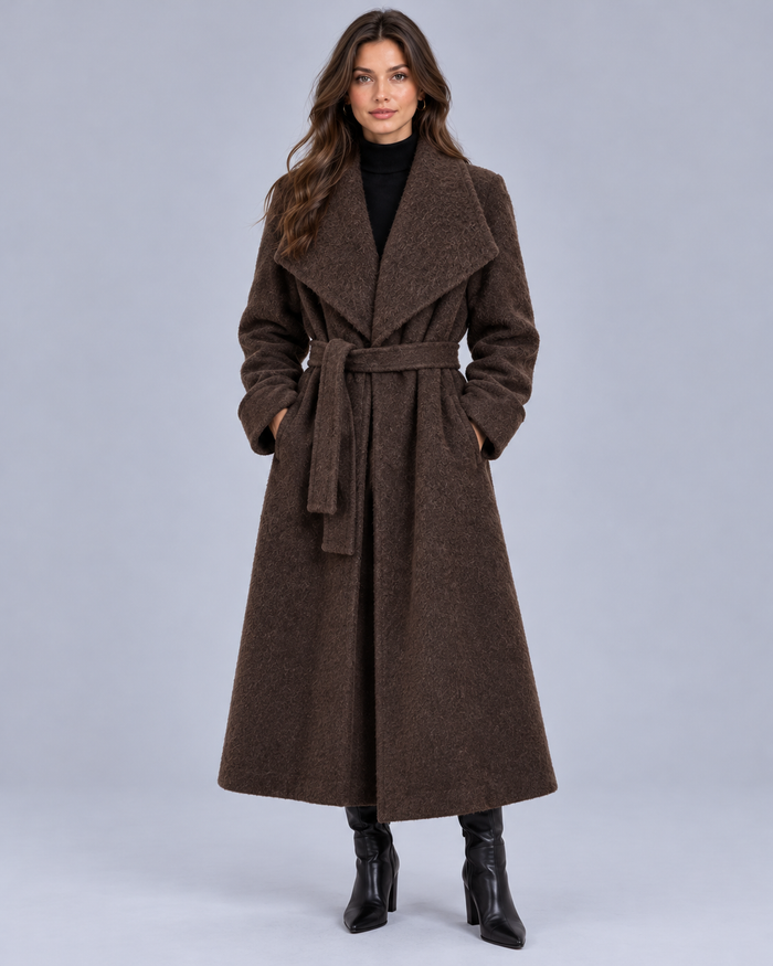 Women's Wool Blend Belted Wrap Coat – Oversized Shawl Lapels, Relaxed Extra-Long Fit