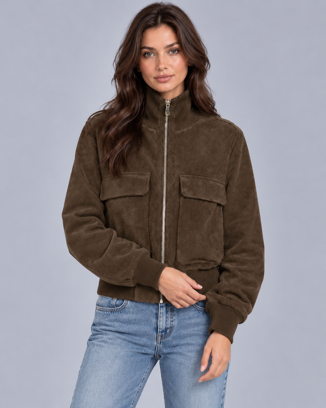 Women's Suede Bomber Jacket with Flap Pockets