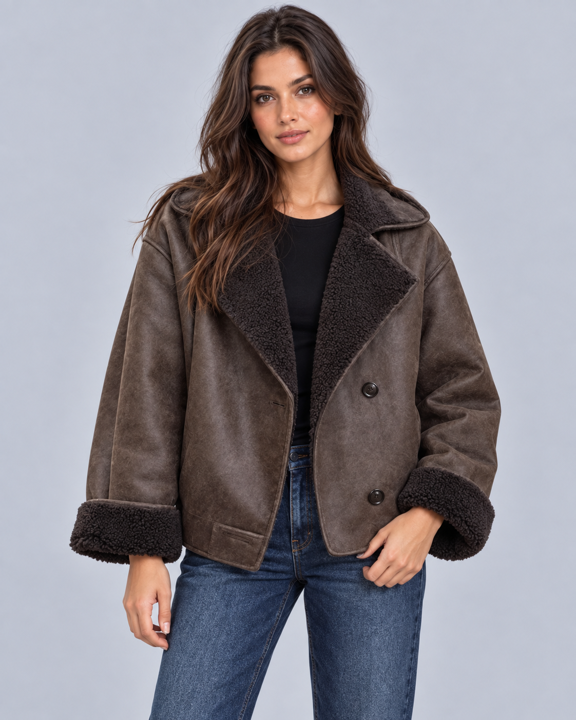 Women's Oversized Faux Shearling Jacket | Vintage Leather-Look Coat