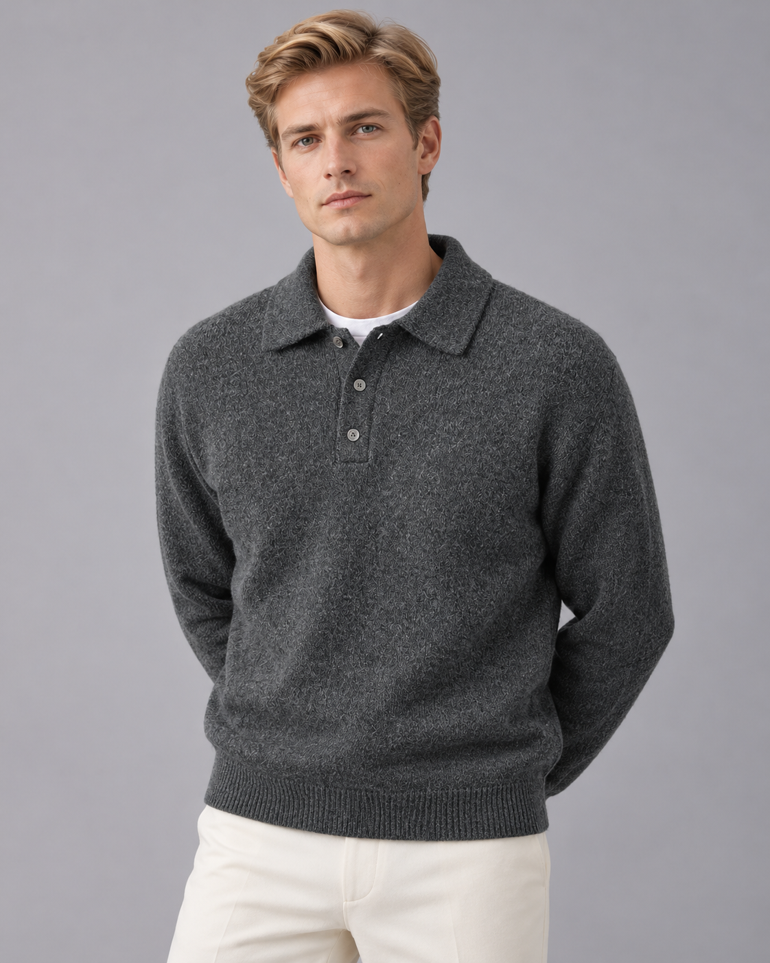 Men's Polo Collar Jumper with Ribbed Cuffs