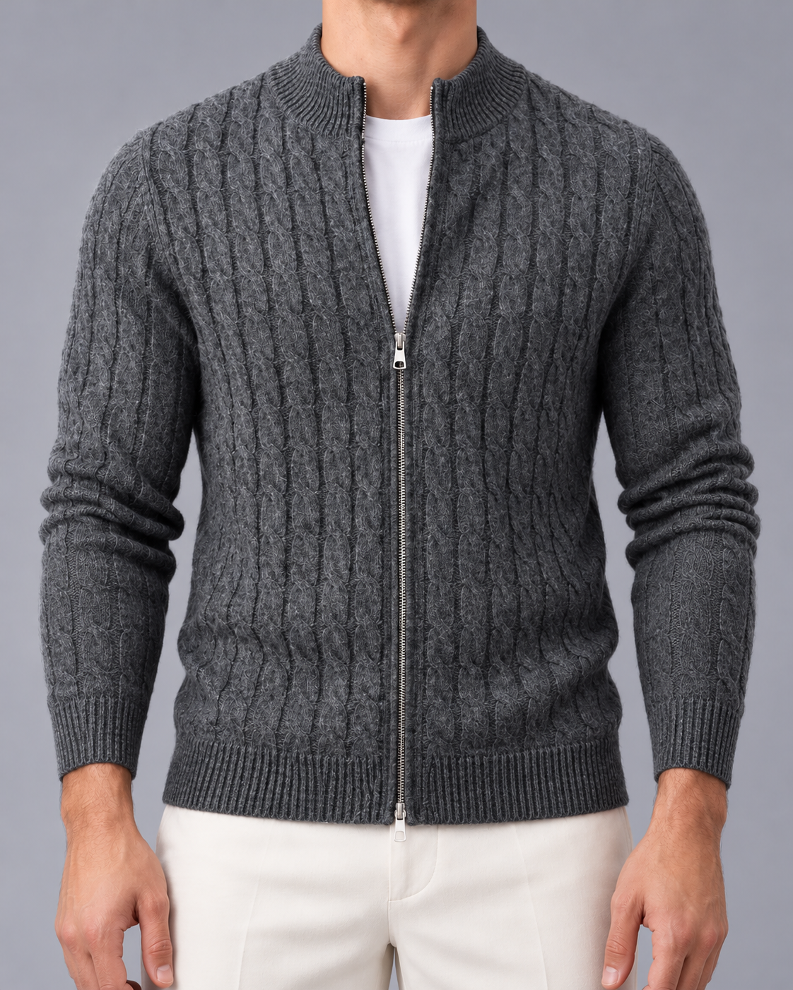 Men's Cable Knit Zip Cardigan – Stand Collar