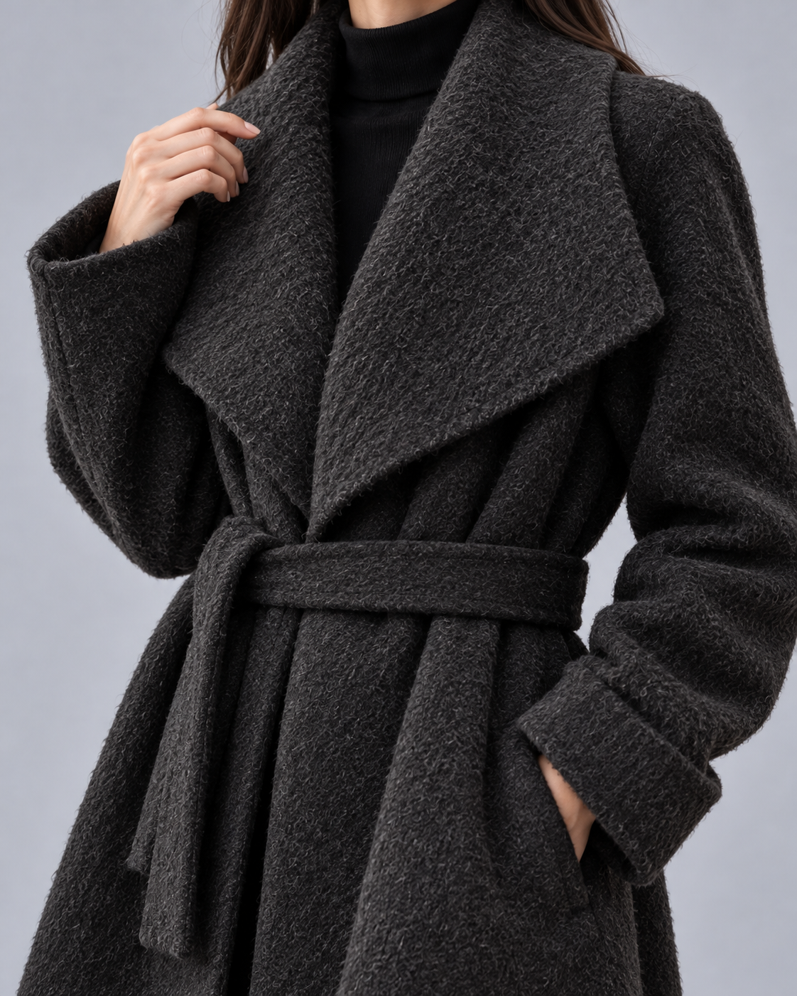 Women's Wool Blend Belted Wrap Coat – Oversized Shawl Lapels, Relaxed Extra-Long Fit