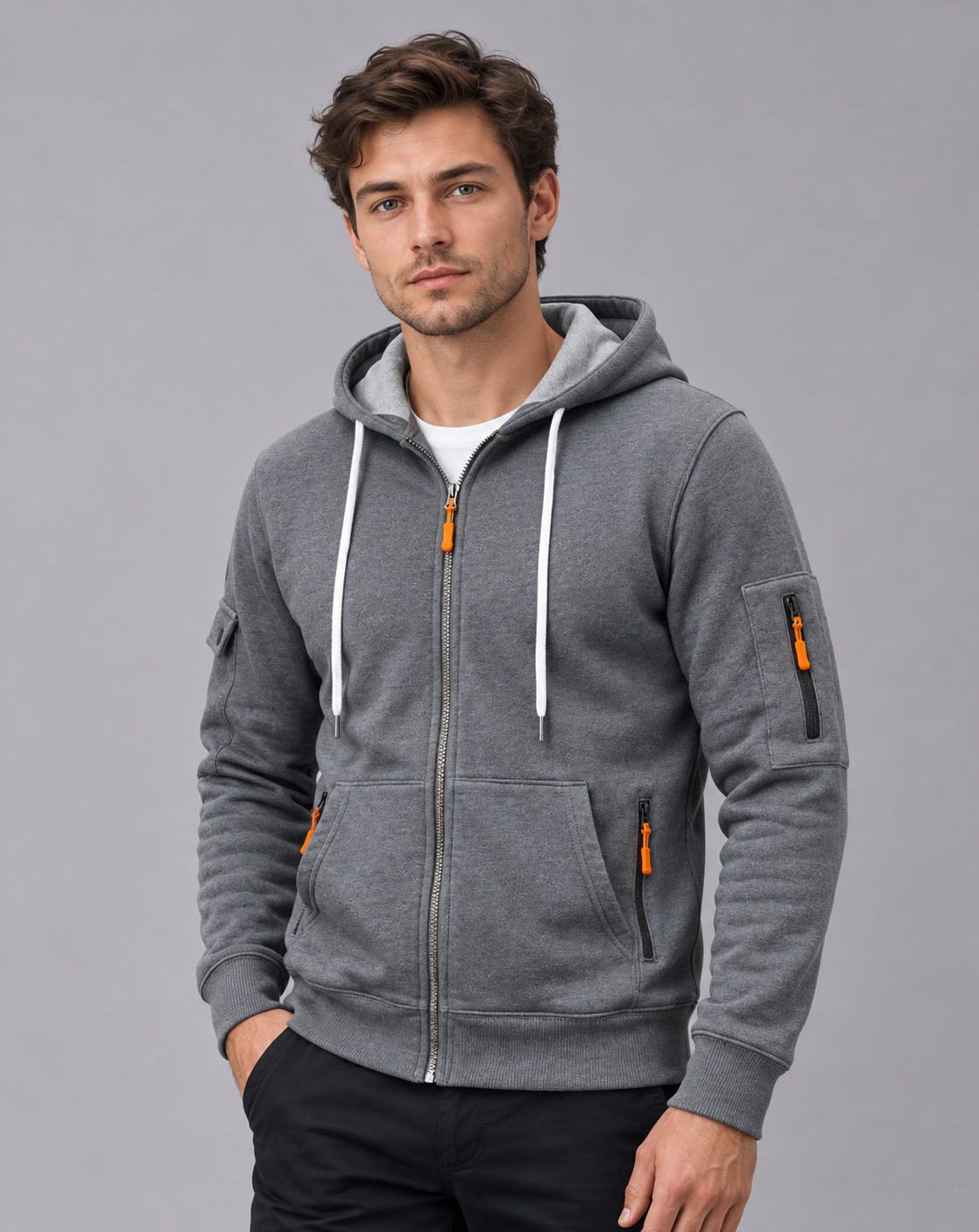 Men's Zip Up Hoodie in 100% Cotton – Full Zip, Drawstring Hood, Zip Pockets and Sleeve Pocket