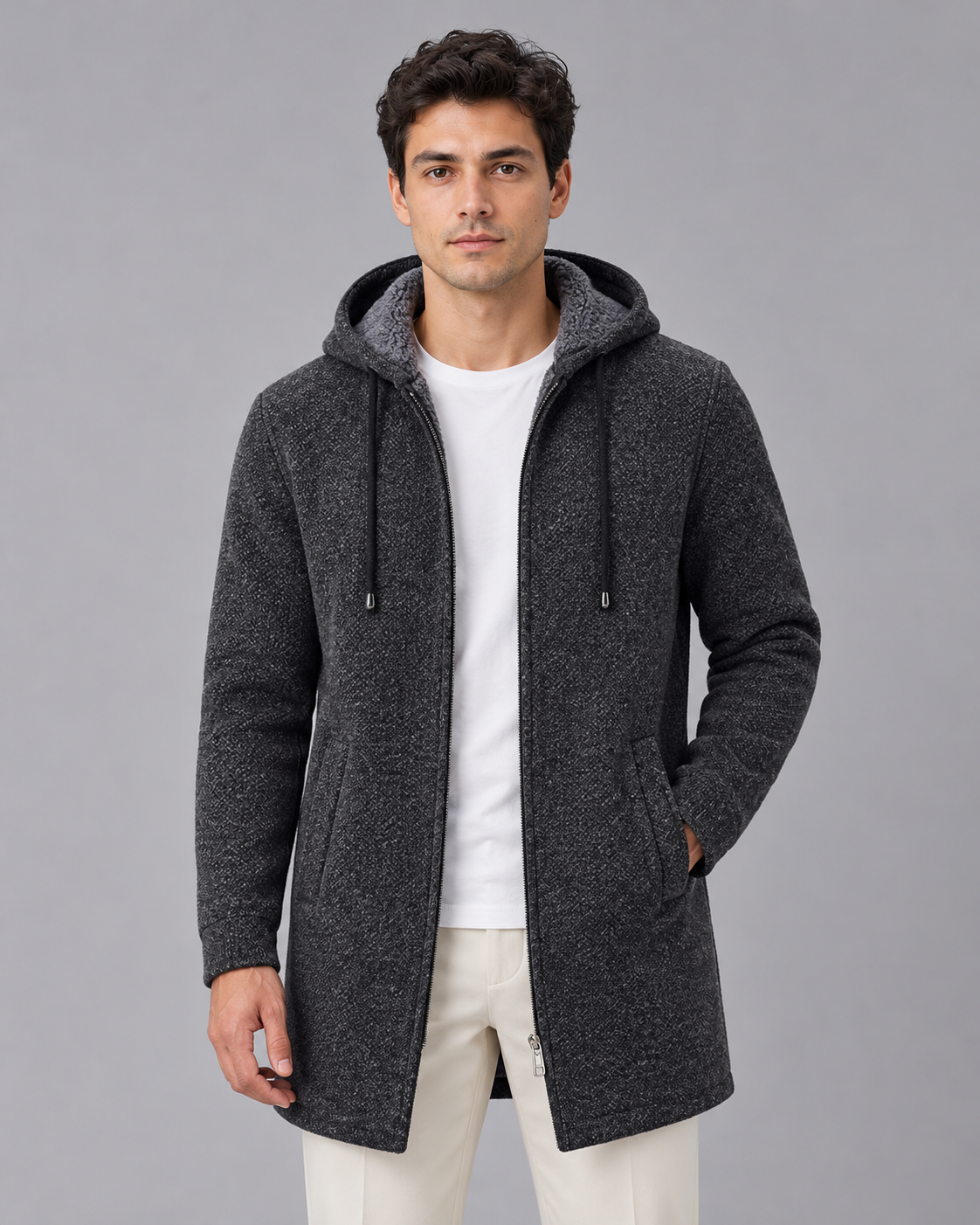 Men's Mid Length Hooded Coat with Zip