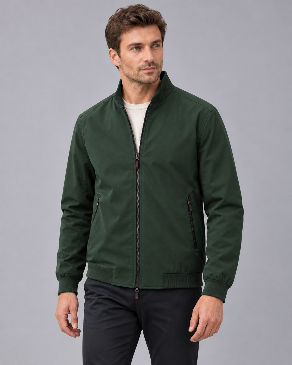 Men's Bomber Jacket – Stand Collar, Full Zip, Two Vertical Zip Pockets, Ribbed Cuffs & Hem, Relaxed Fit